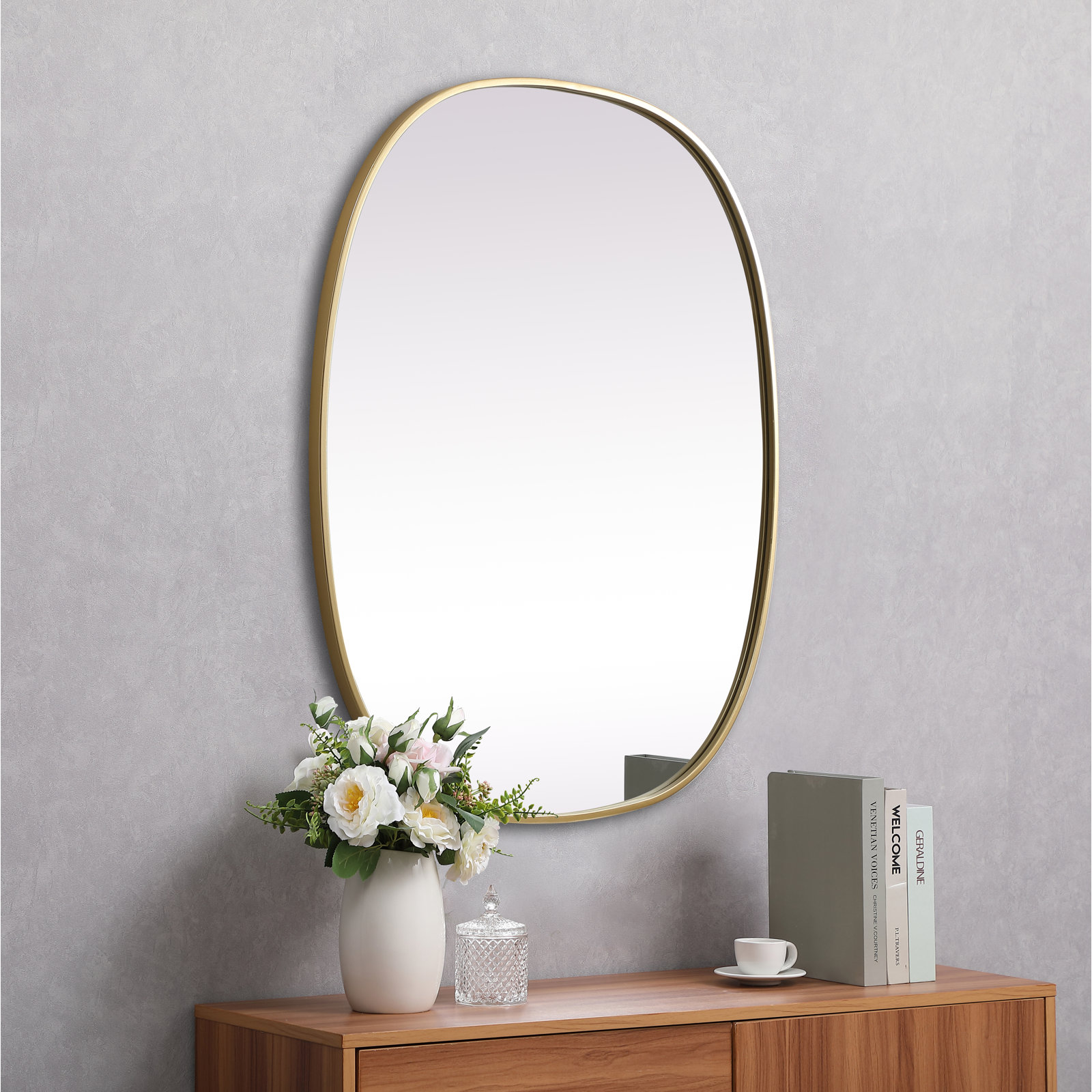 Sabine Metal Curved Oval Wall Mirror, Brass, 36" x 30"