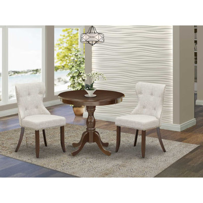 3 Piece Dining Table Set Contains 1 Kitchen Table and 2 Doeskin Linen Fabric Kitchen Chair Button Tufted Back with Nail Heads - Mahogany Finish