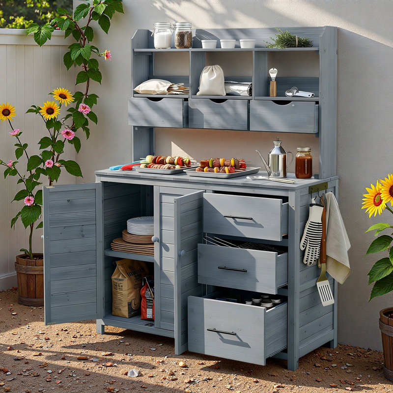 Banc de rempotage avec 6 tiroirs, armoire inférieure, tablettes et crochets latéraux Farmhouse, Gris