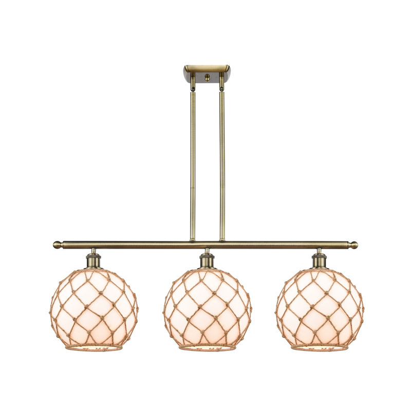 Luminaire suspendu linéaire à 3 lumières pour îlot de cuisine avec détails en corde Kittie, Blanc, DEL