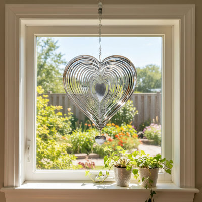 12" Heart Wind Spinner, Stainless Steel Hanging Kinetic Garden Décor for Indoor and Outdoor Use