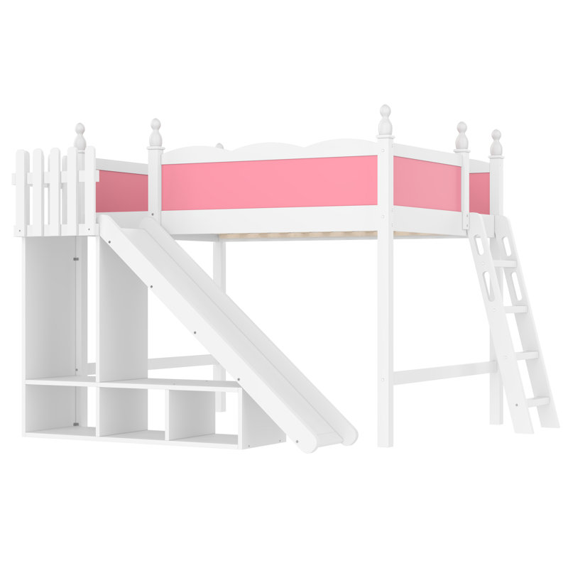 Full Loft Bed with Storage Shelves & Cabinet, Solid Wood Bed with Detachable Slide & Ladder, No Box Spring, Pink and White