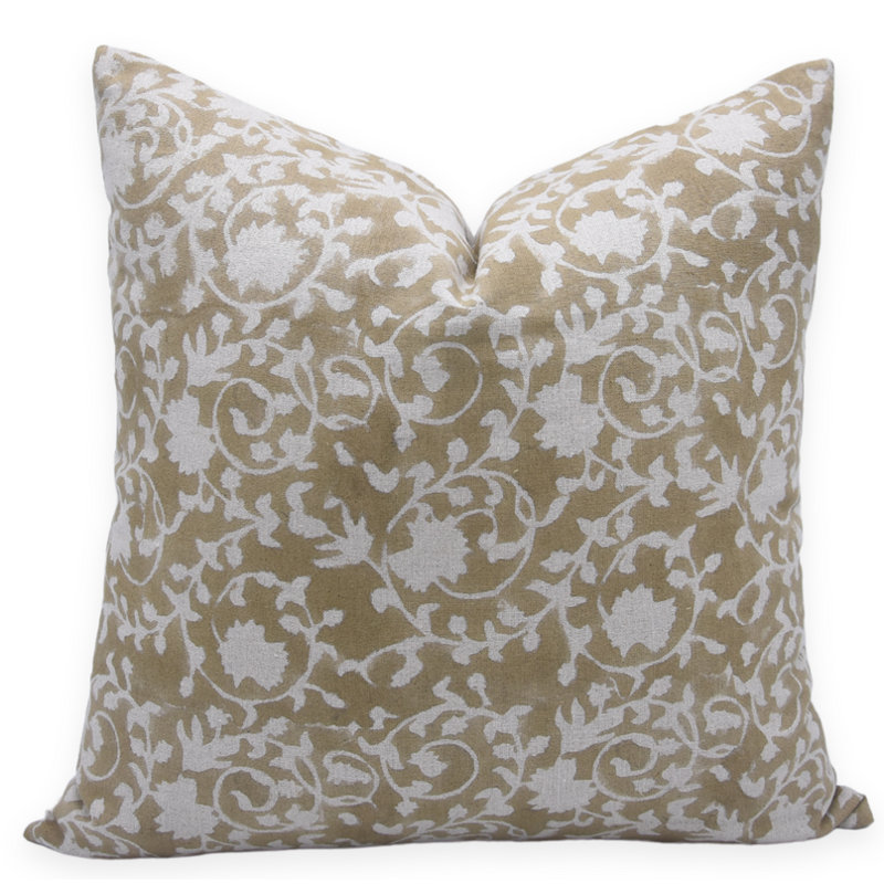 Linen Pillow Cover, Beige Floral 2, 14"H x 14"W, Square