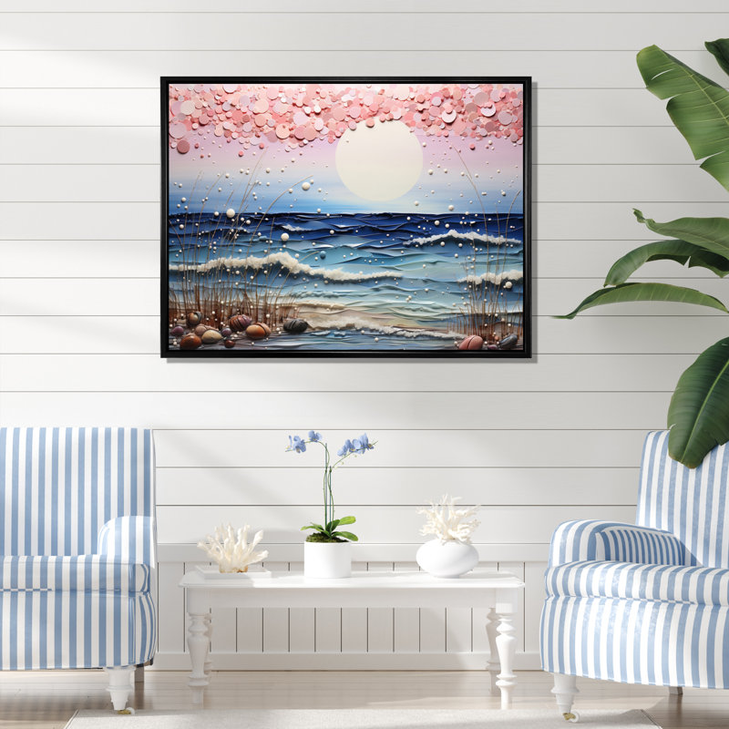 Beach Tranquil Tide Pointillism II - Nautique et plage, impressions sur toile, 12" H x 20" W, Cadre flottant noir