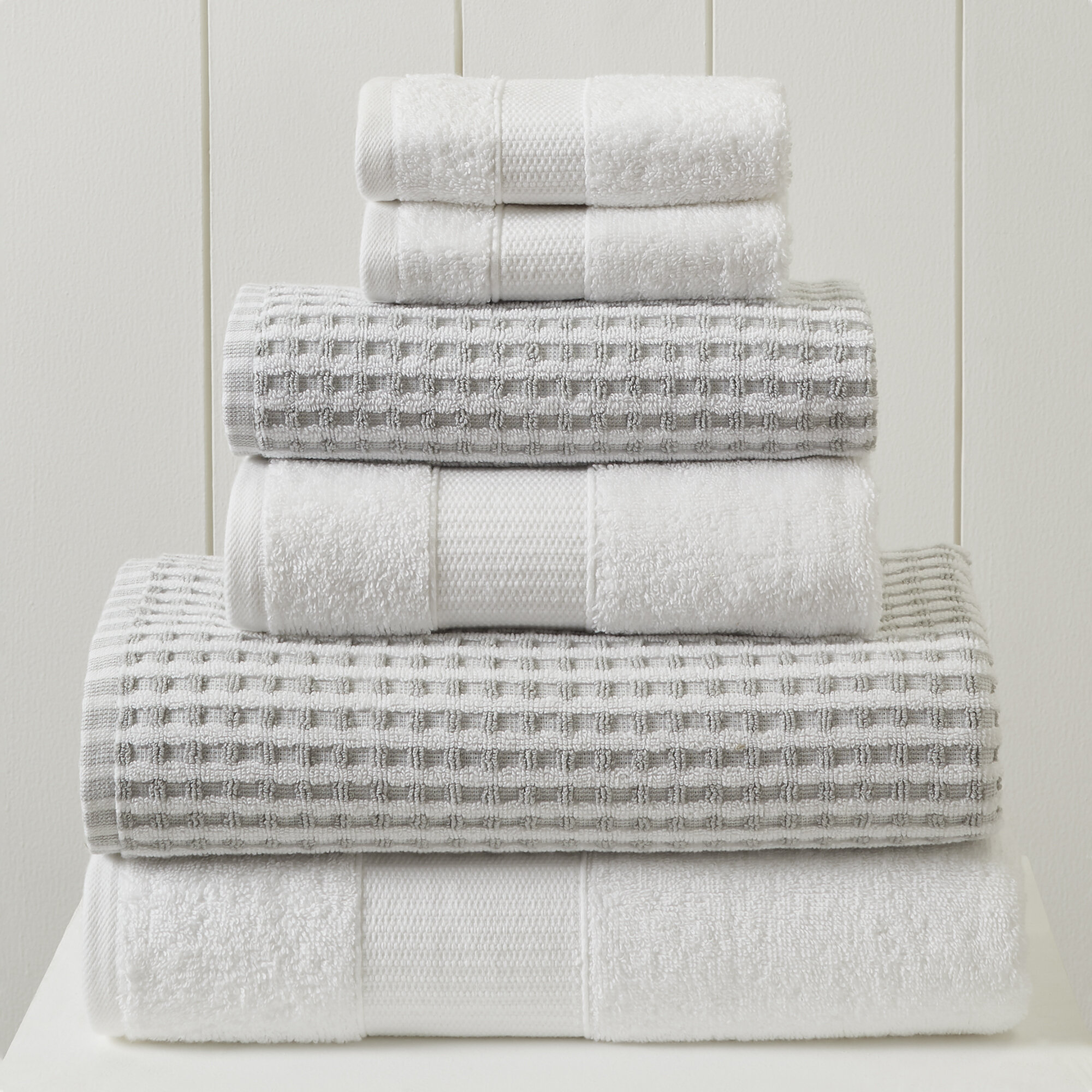 Great Bay Home Cotton Two-Toned Reversible Quick-Dry Towel Set (6 Piece Set, White / Ivory), Beige