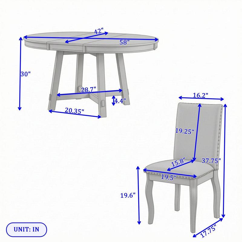 Ensemble de salle à manger rond extensible cinq pièces avec des chaises rembourrées, Chêne bois naturel blanc antique