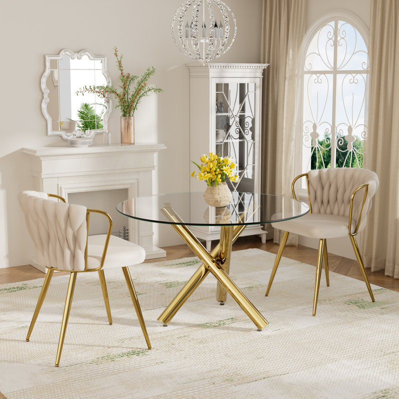 Elegant Round Glass Dining Table Set, Beige, 3 Pieces: Table, 2 Chairs, Gold