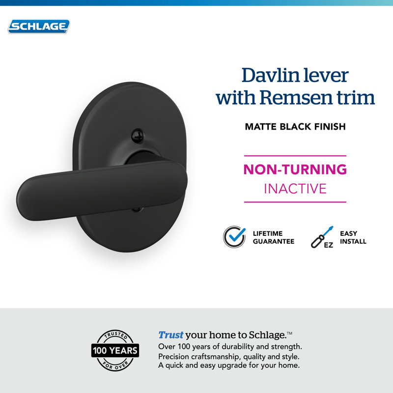Davlin Lever With Remsen Trim Non-Turning Lock, Matte Black