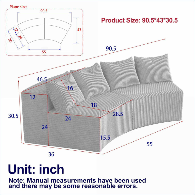 Canapés modulaires | Modulaire courbé et symétrique, 2 modules avec 4 coussins, pour le salon, la chambre à coucher et le bureau | Velours côtelé | Standard