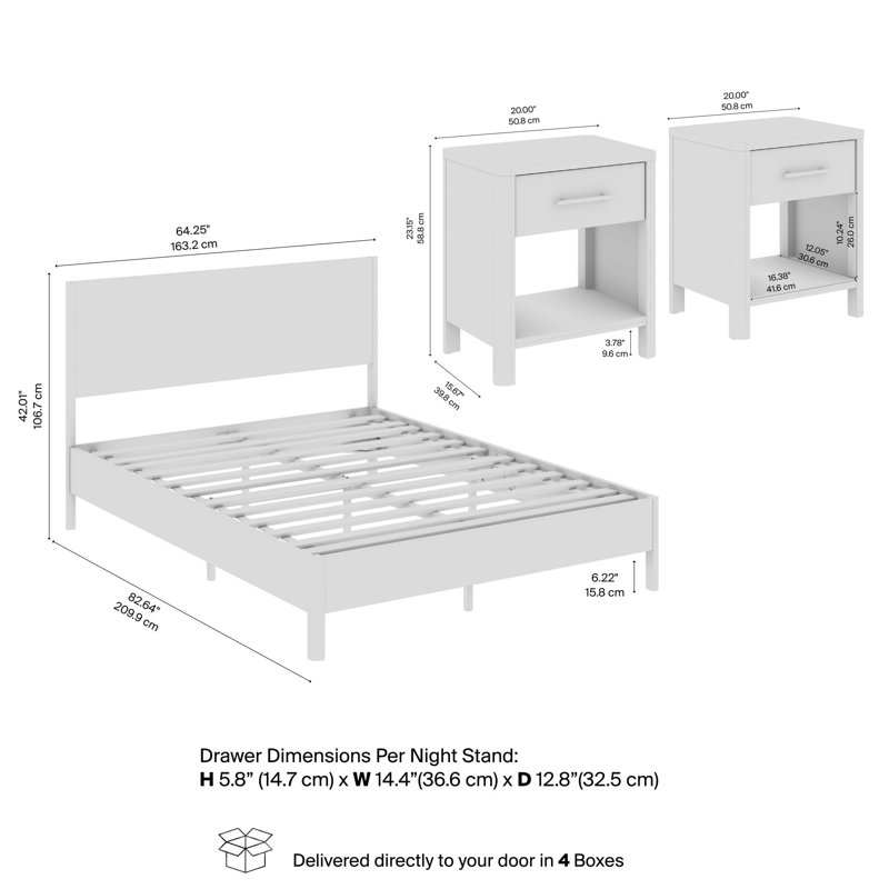 Grand lit plateforme Alberta avec ensemble de 2 tables de chevet avec tiroir, meubles de rangement pour la chambre à coucher