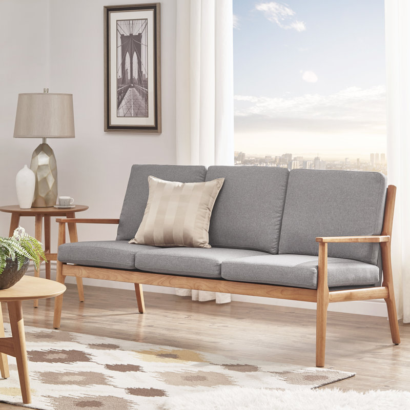 Misbah 71'' Upholstered Sofa, Smoke Grey Linen, Natural Wood