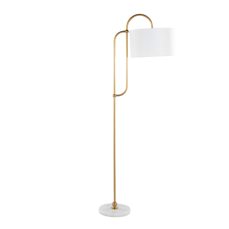 Lampe sur pied de 63 po en métal blanc et or avec abat-jour en lin blanc Leslie