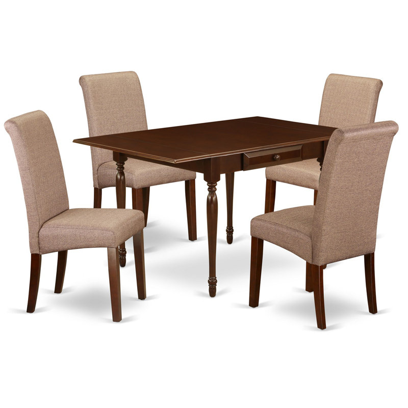 L'ensemble de table de salle à manger 5 pièces pour 4 personnes comprend une table de cuisine rectangulaire avec Dropleaf et 4 chaises rembourrées en tissu de lin brun, acajou