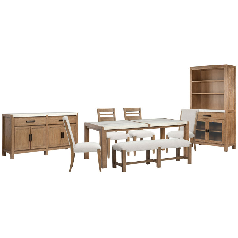 Rectangular Dining Table With 2 Side Chairs 2 Upholstered Side Chairs Bench Server And Display Cabinet