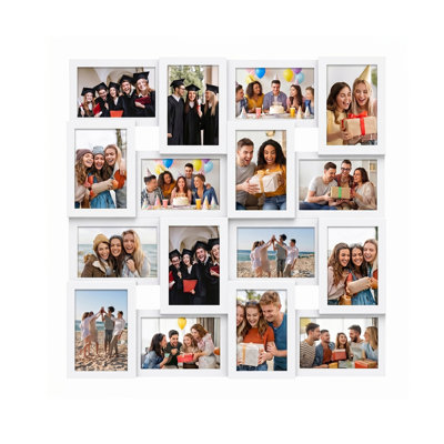 16 Slot Integrated Staggered Collage Frame, Matte Black Solid PVC One-Piece Wall Mount Picture Frame Fits 4x6 Snapshot Photos, White