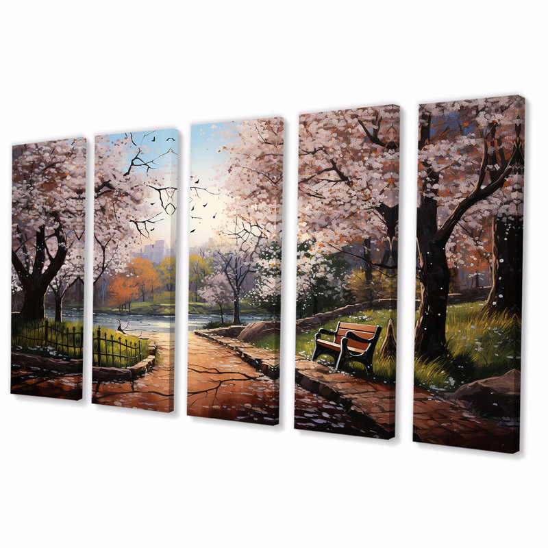 «Pink Springtime Park», art mural 5 pièces, H 28 po x l 60 po