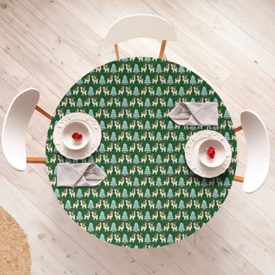 East Urban Home Christmas Fitted Round Tablecloth 56""- 60"" Diameter Off White Green Blue -  F57784C7DE304776A50B825DC959B482