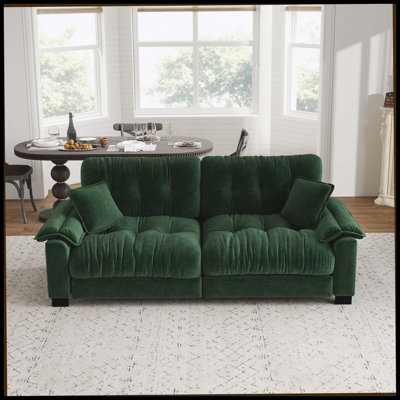 Canapé moderne plissé en chenille vert de 94 pouces à trois places, équipé d'un support à ressorts durable et de coussins épais en mousse dense.