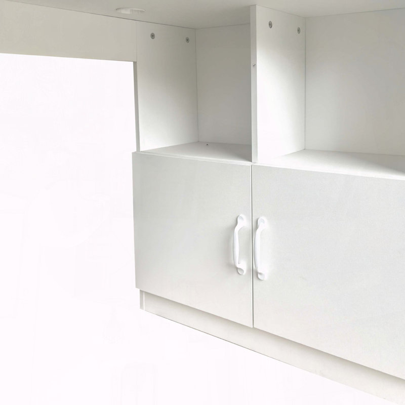 Bureau d'ordinateur en L en forme de L avec bibliothèque, bahut et grand rangement, Retour à droite, Blanc