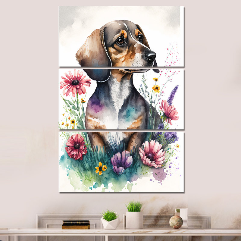 Teckel entouré de fleurs I - animaux, chien, teckel, ensemble d'art mural, H 48 po x l 32 po x P 1 po