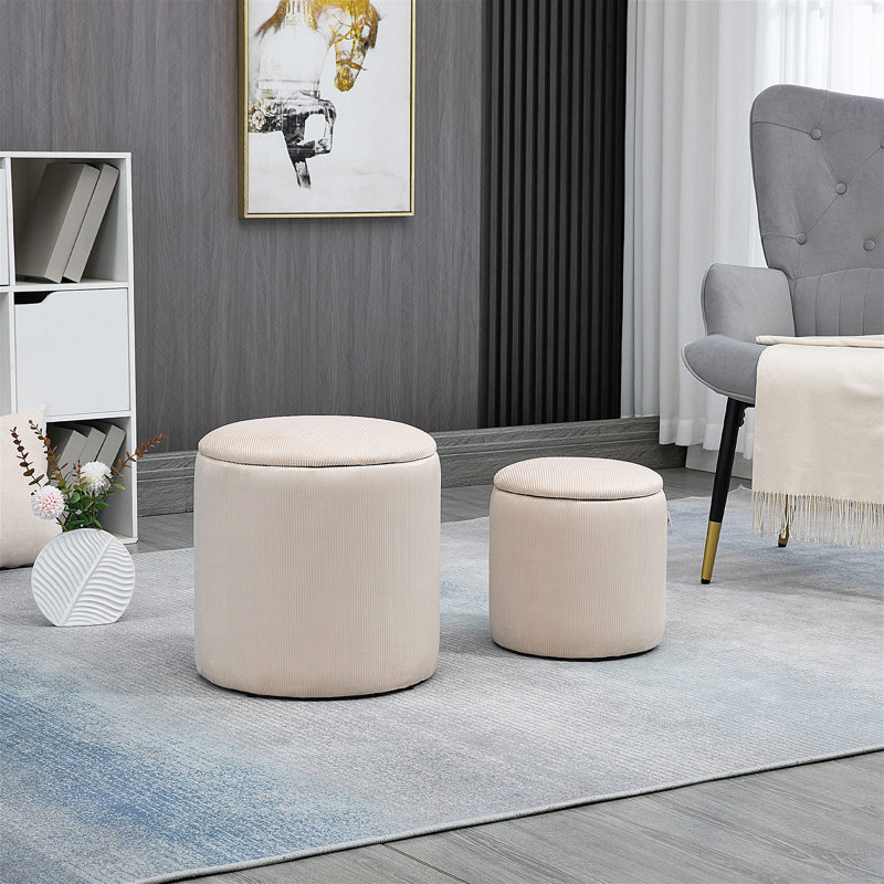Round Corduroy Upholstered Storage Footstool Set of 2, Nesting Design Ottoman Stools with Hidden Storage Compartment for Bedroom and Living Room in Cream White