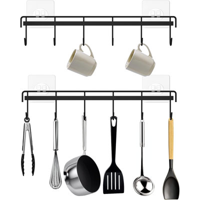 Support à ustensiles de cuisine, support mural pour ustensiles de cuisine avec 12 crochets, peu encombrant et sans perçage, noir, 2 pièces