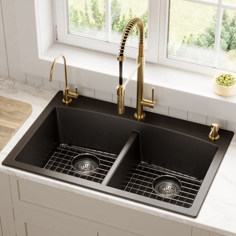 Ensemble d'évier de cuisine encastré à double cuve 50/50 Karran Quartz 33 "X 22", Noir