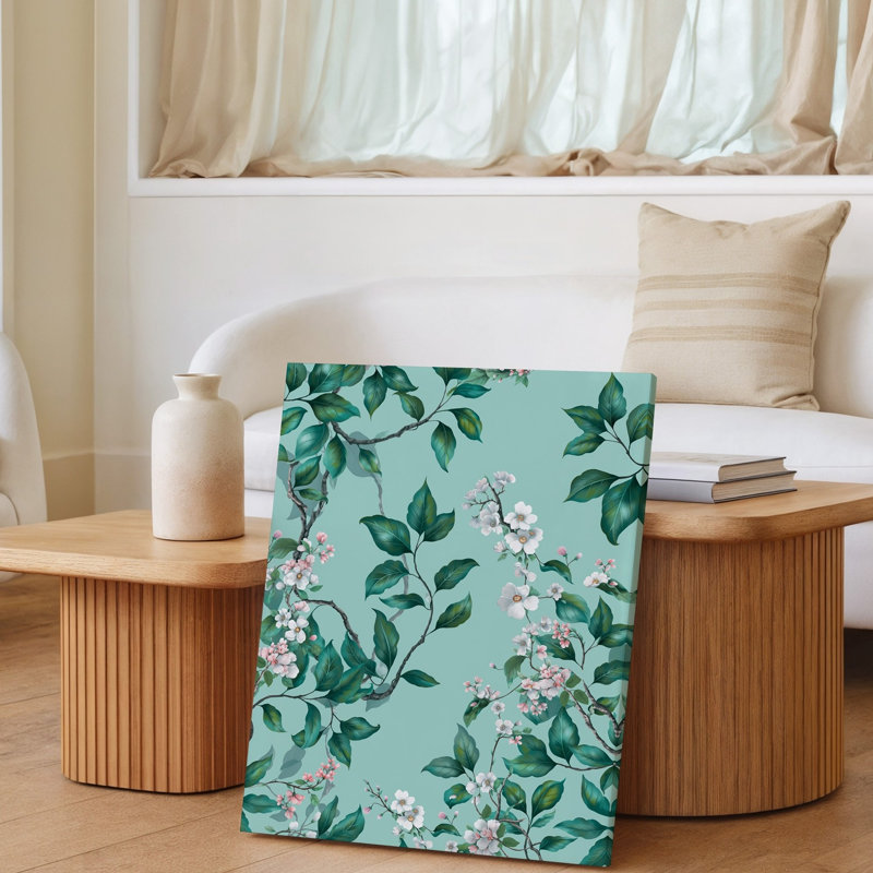 Toile, illustration botanique sereine avec branches complexes et art mural vert luxuriant, feuilles contre une menthe douce, art mural sur toile