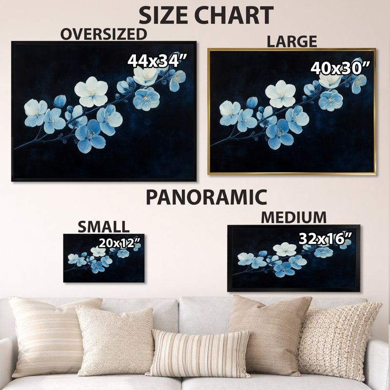 Décoration murale encadrée Fleurs de cerisier - Bleu nuit, H 24 po x l 32 po, Cadre photo noir