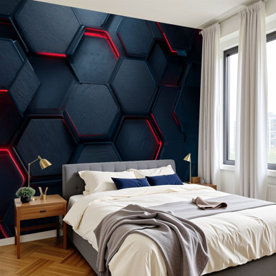 Futuristic 3D Peel and Stick Wallpaper Matte Black Hexagonal Technological hexagonal blue red neon Wall Murals 100"H x 144"W Removable PVC Wall Paper Self-Adhesive Wall Paintings Art Decor for Boys Bedroom Play Room Men Cave