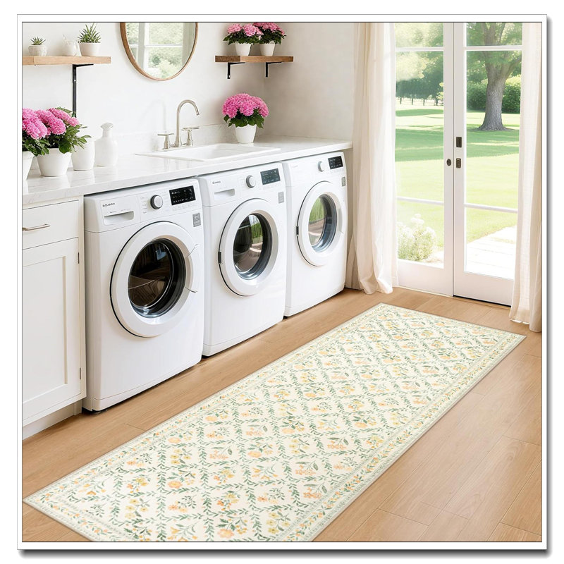 Runner Rug 2X10 Beige/Multi, Floral Non-Slip Washable -Thin Soft Indoor Carpet, Stain Resistant For Hallway Entryway Kitchen Laundry Bathroom Dorm