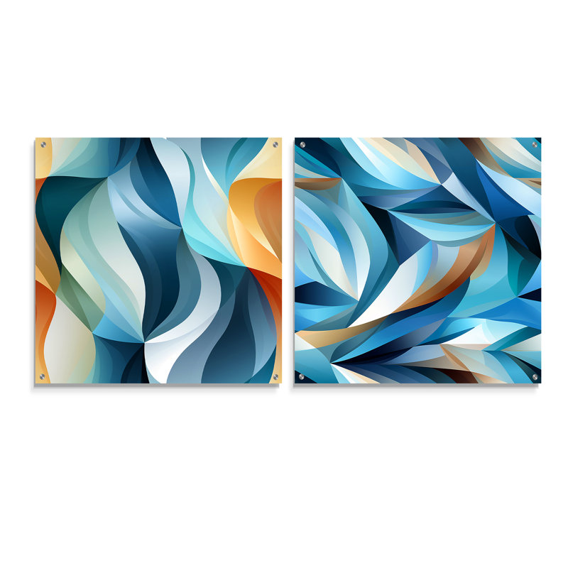 «Blue Geometric Wave Tranquility», ensemble de 2 peintures murales abstraites en acrylique, H 16 po x l 33 po