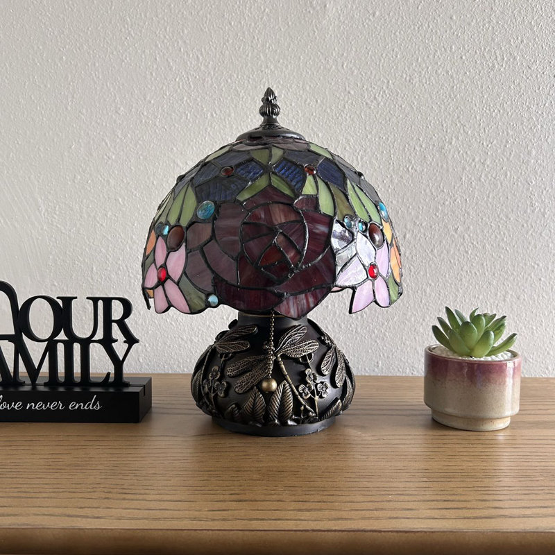 Mini lampe de table Standiff Tiffany avec vitrail orange rouge et fleurs à DEL avec ampoule incluse l 8 po x P 8 po x H 12 po