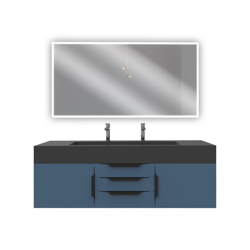 Ensemble de meuble-lavabo simple mural 60 "avec miroir Nile, Bleu, Noir, Noir