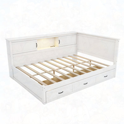 L-Shaped Bed Frame with Drawer and and Bookcase