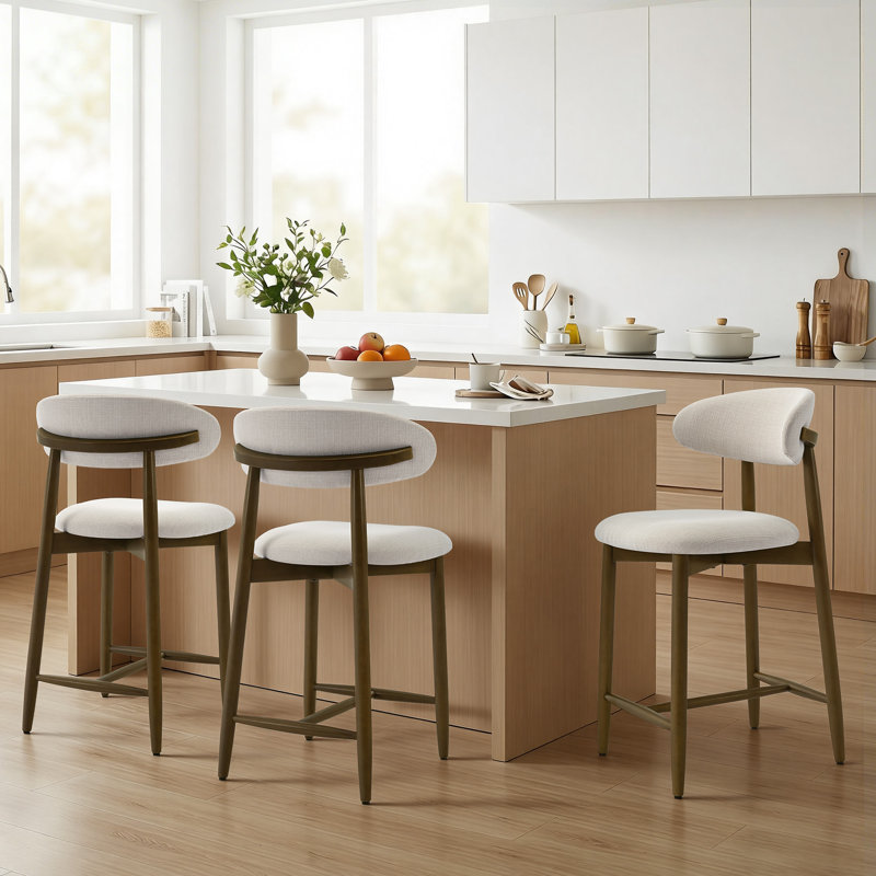Tabouret de comptoir rembourrÃ© de 25 po avec dossier incurvÃ© et piÃ¨tement en bois massif, Beige, 3