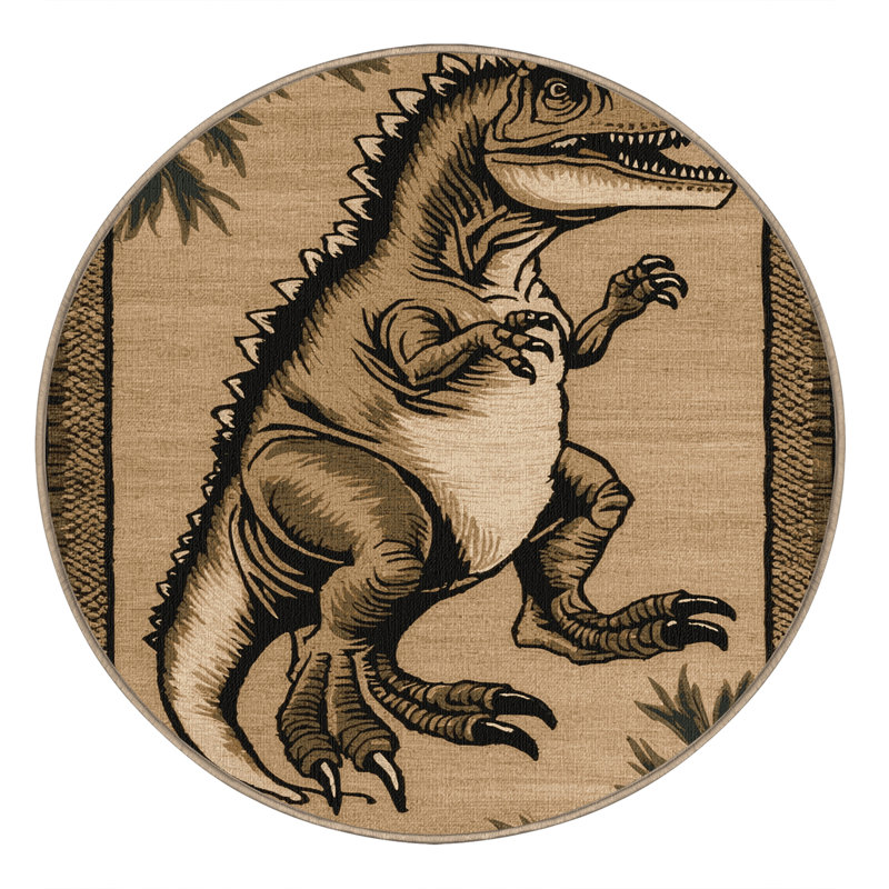 Machine Washable Dinosaurs Beige Area Rug, Round 4'