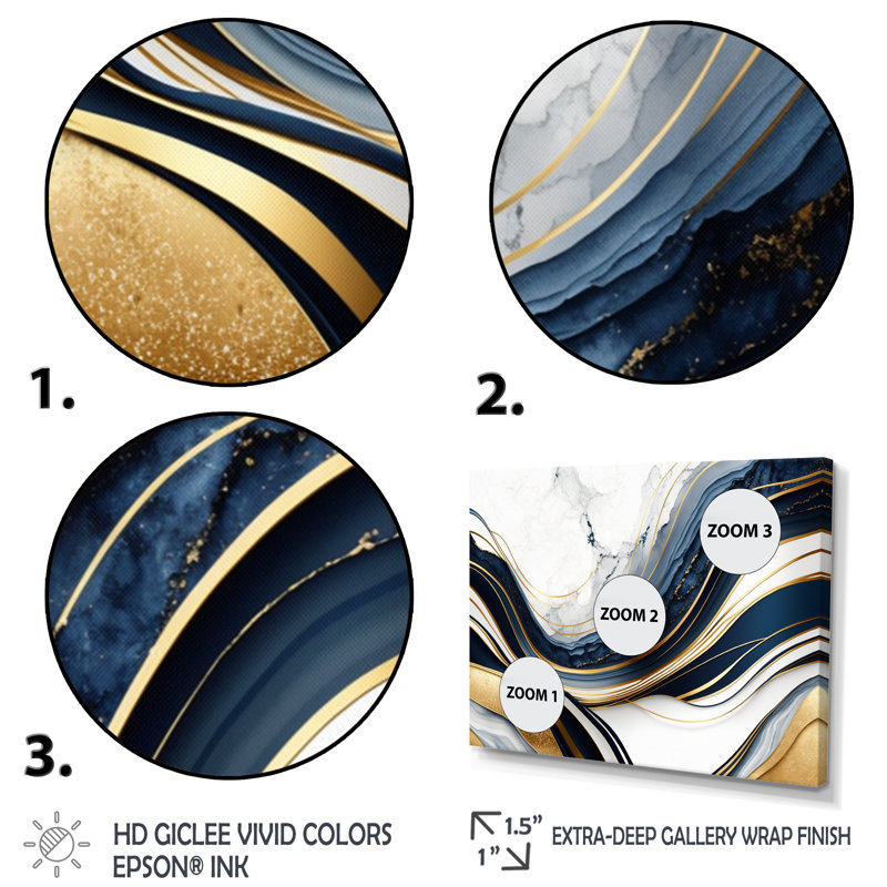 «Abstract Geode Waves Blue and Gold III», reproduction sur toile abstraite, Toile tendue, H 16 po x l 32 po x P 1 po