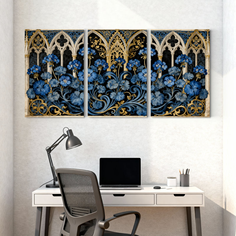 Plantes et fleurs, impression d'arche gothique florale bleue, ensemble de 3 impressions sur toile, H 24 po x l 16 po
