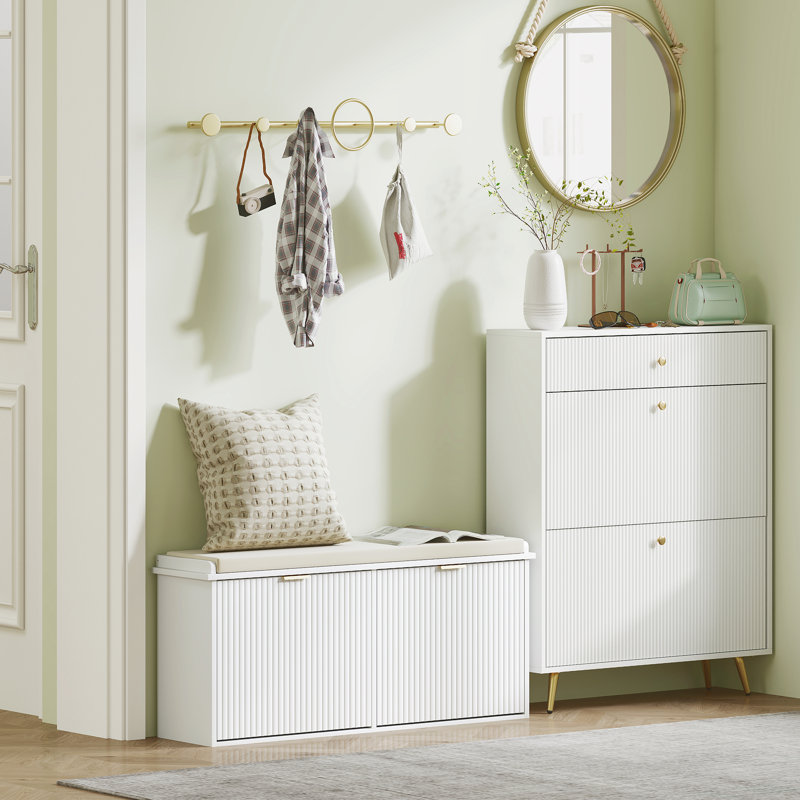Shoe Bench With Padded Seat Cushion And 2 Flip-Drawers, Entryway Bench Holds Up To 529Lb, Shoe Cabinet, 40.9X10.2X18.7 Inches, 