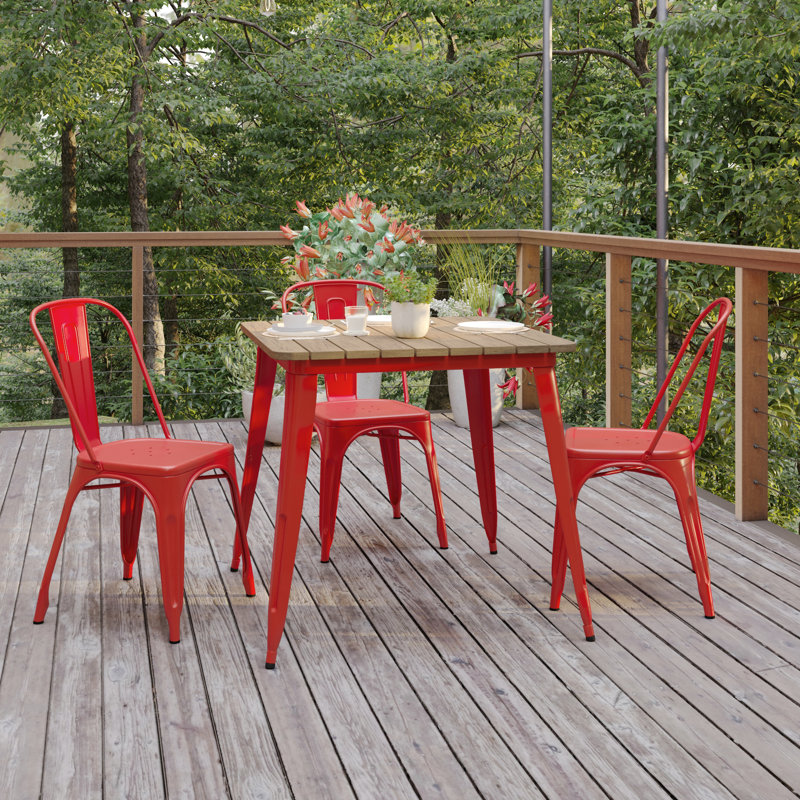 Harewood Square Commercial Indoor/Outdoor Poly Resin Restaurant Table with Steel Frame, Brown Top/Red Base, 31.5" W x 31.5" L