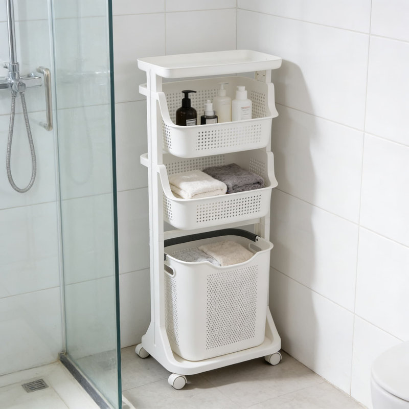 White Vertical Bathroom Storage Rack, Three-Layer Model,Large Capacity Multi-Functional Laundry Hamper With Storage Shelf, Foldable Clothes Basket For Home, Laundry Room, And Dorm Organization