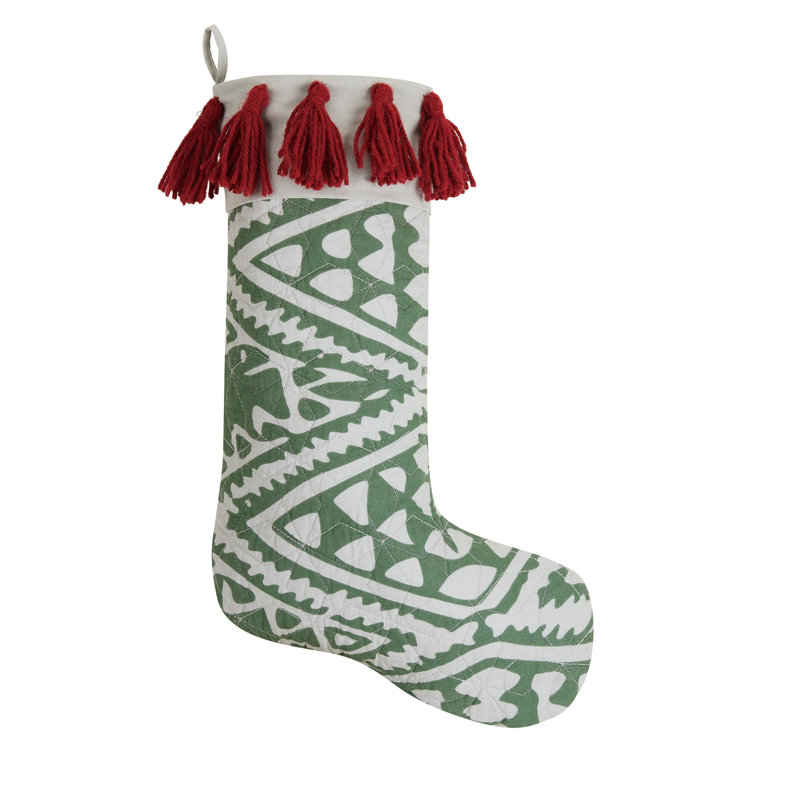 Green and White Cotton Holiday Stocking with Red Tassels