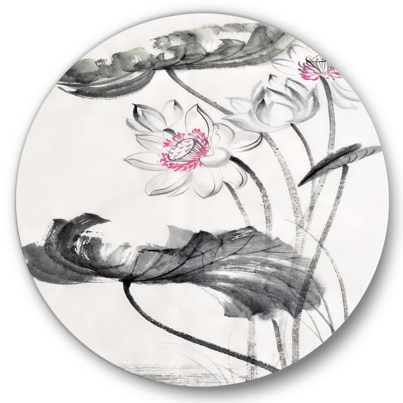 Fleurs de lotus rétro - cercle traditionnel en métal, art mural, H 11 po x l 11 po x p 1 po