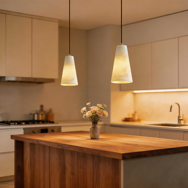 Lyra Natural Alabaster Pendant - Hand-Carved Conical Stone Light | Modern Luxury "Glow" for Kitchen Island, Bedside & Foyer (Gold Finish, Height Adjustable)