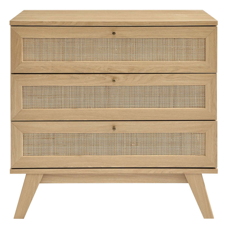 Coastal Charm Oak 3-Drawer Dresser with Rattan Weave