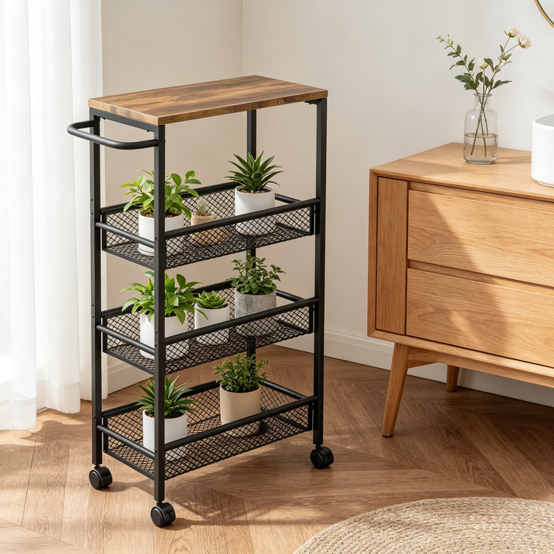 Chariot roulant mince avec plateau en panneau de fibres à densité moyenne et roues verrouillables - Chariot de rangement étroit à 4 niveaux pour la cuisine, la salle de bain, la salle de lavage et les petits espaces