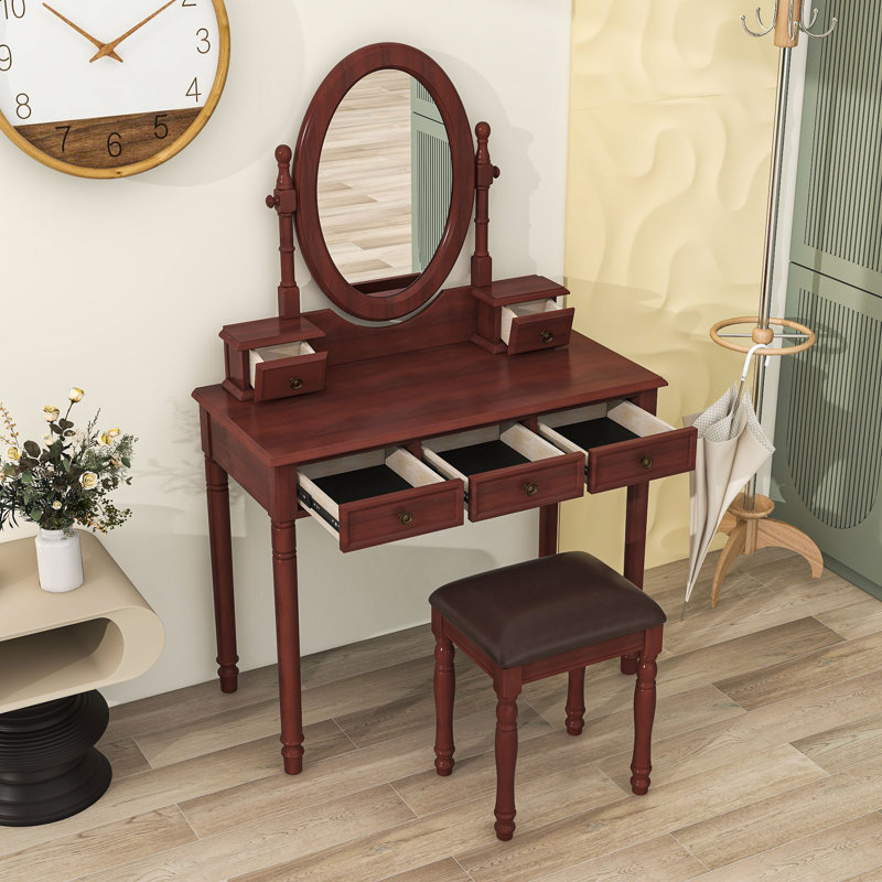 Wood Makeup Vanity Set with Adjustable Oval Mirror, Velvet-Lined Drawers and Cushioned Stool, Walnut
