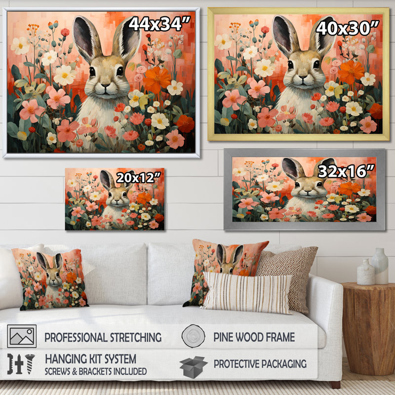 Art de mur de lapin rose, Cadre de coin blanc fermé, H 16 po x l 32 po x P 1 po
