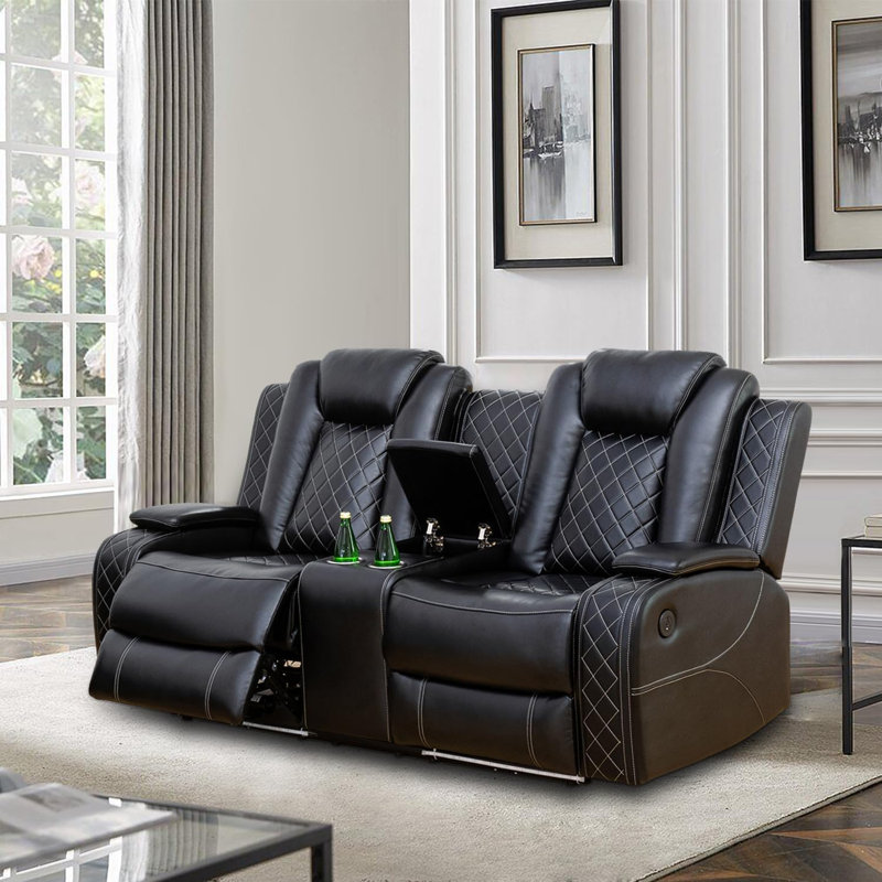 Causeuse inclinable électrique en cuir avec lumière DEL, porte-gobelets et console de rangement Popo 73,5 po